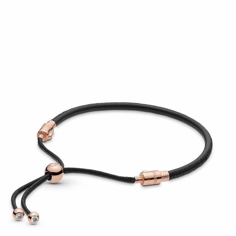 Pandora Sliding Black Leather Bracelet - Pandora Rose/Leather/Black/Cubic Zirconia - Canada | KP7079